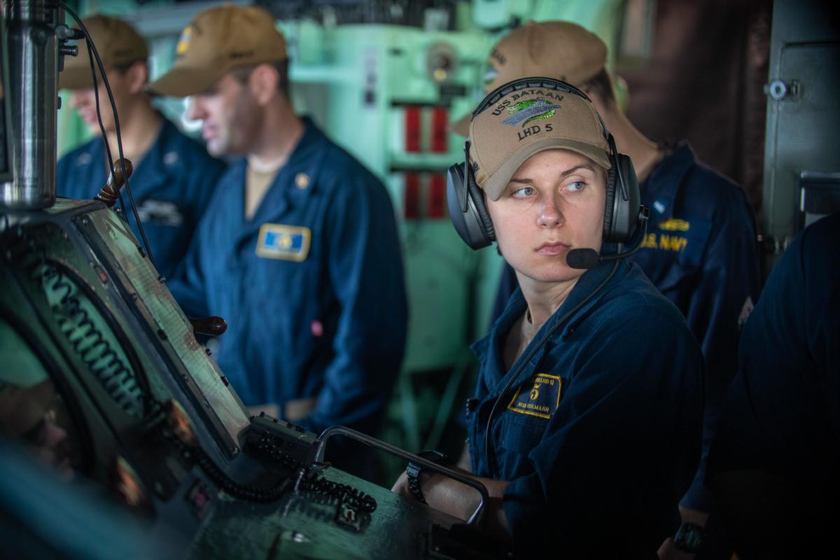 Operators conduct bridge operations on the Wasp-class amphibious assault ship USS Bataan (LHD 5) in the Atlantic Ocean on Aug. 30, 2022. (U.S. Navy photo by Mass Communication Specialist 3rd Class Bradley Rickard)