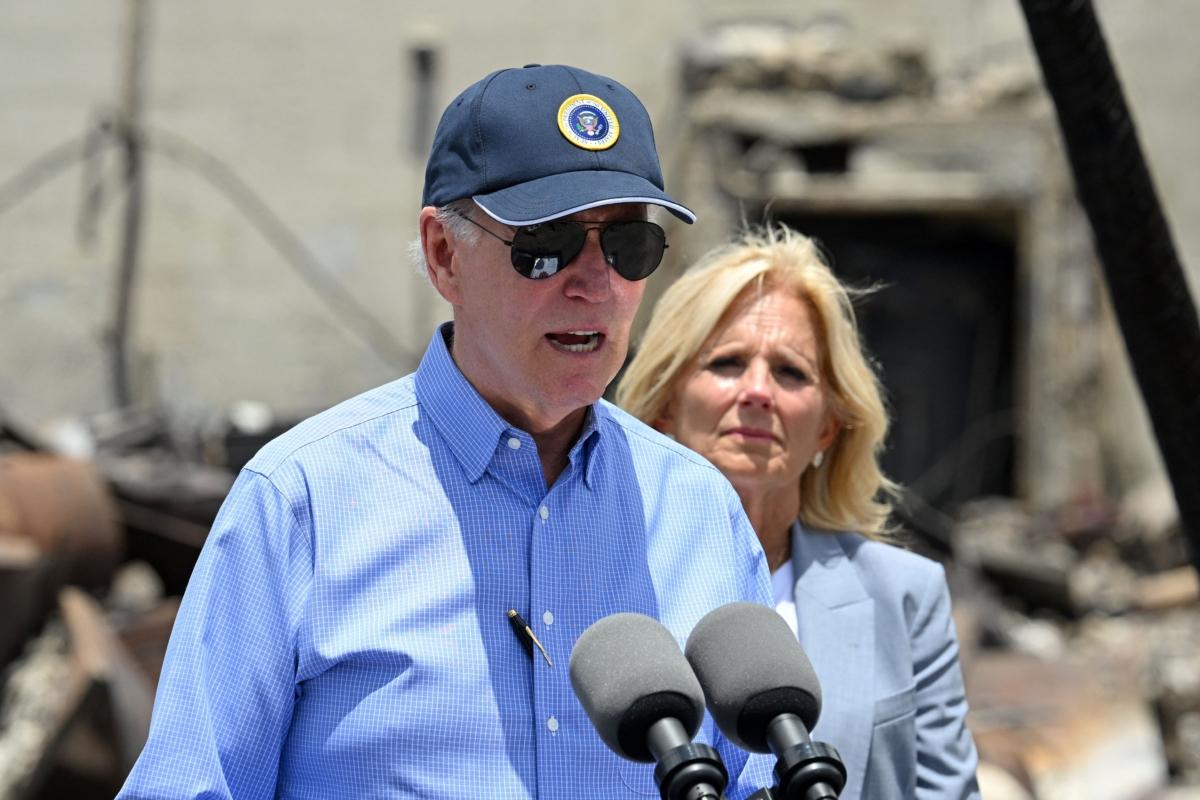 President Joe Biden delivers remarks as he visits an area devastated by wildfires in Lahaina, Hawaii, on Aug. 21, 2023. (Mandel Ngan/AFP via Getty Images)