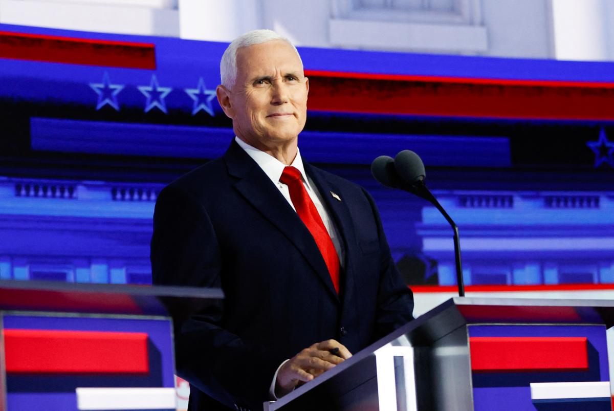 Former U.S. Vice President Mike Pence participates in the first Republican Presidential primary debate at the Fiserv Forum in Milwaukee, Wis., on Aug. 23, 2023. (Kamil Krzaczynski/AFP via Getty Images)