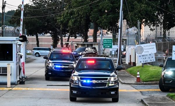 The motorcade with former President and 2024 presidential candidate Donald Trump leaves the Fulton County Jail in Atlanta on Aug. 24, 2023. (Chandan Khanna/AFP via Getty Images)