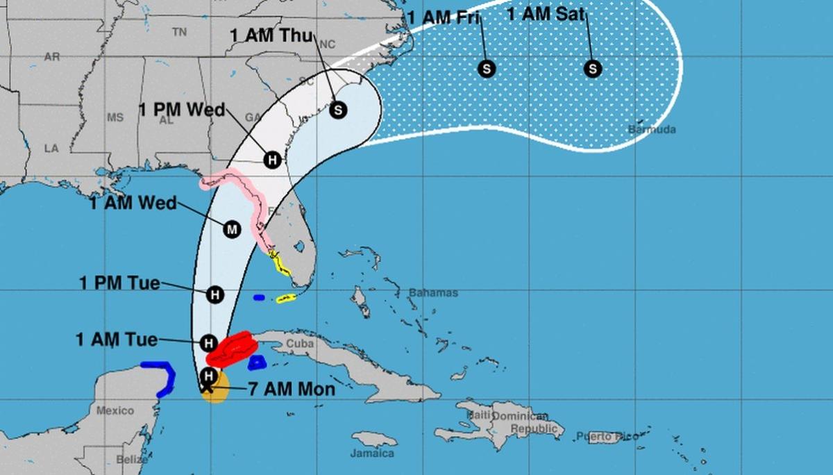 The National Hurricane Center released its forecast for Tropical Storm Idalia's path on Monday, Aug. 28, 2023, showing the storm forming into a major, Category 3 hurricane before hitting somewhere along Florida's Gulf Coast. (NOAA/NHC)