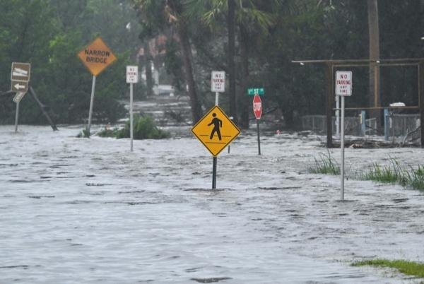 A flooded street is seen near the Steinhatchee marina after Hurricane Idalia made landfall in Florida on Aug. 30, 2023. (Chandan Khanna/AFP via Getty Images)