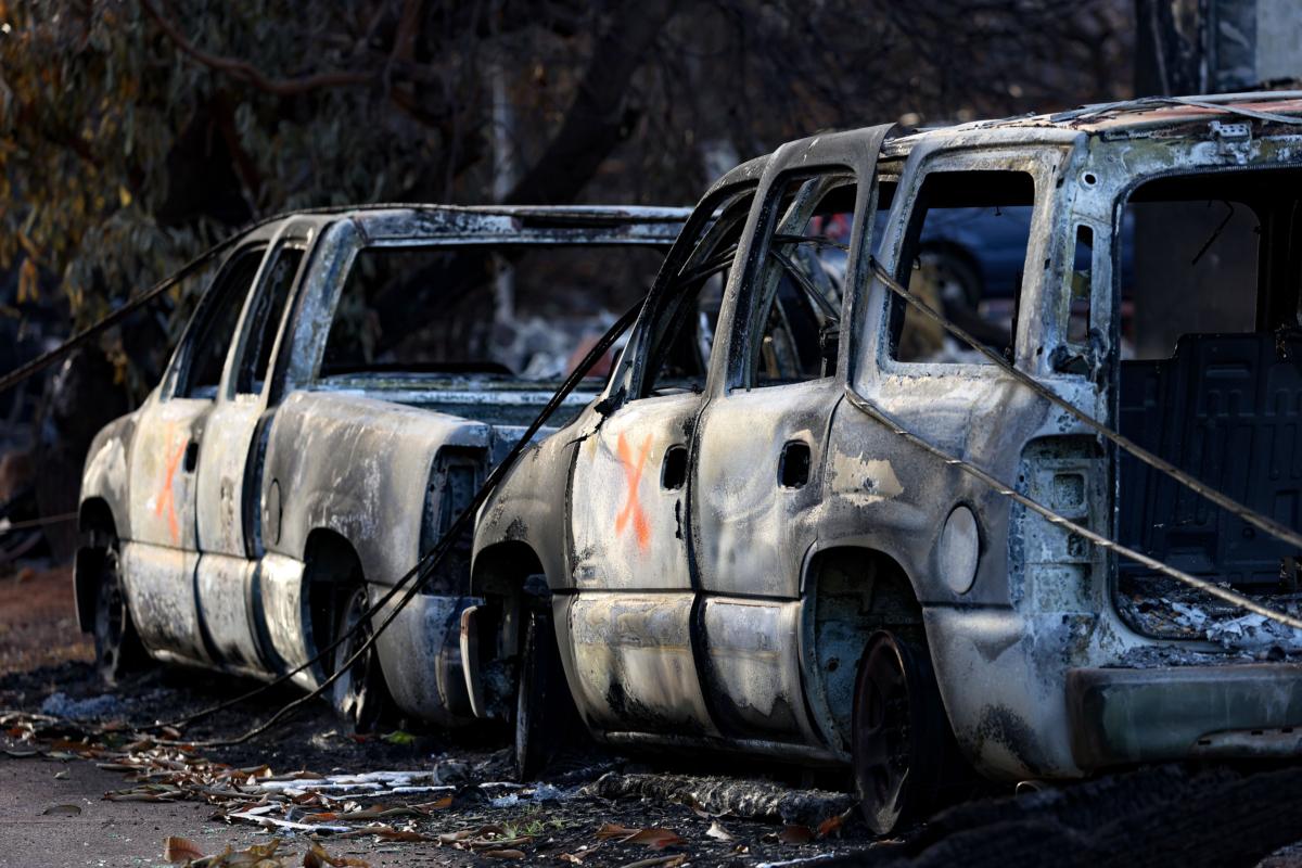Burned cars sit in front of a home that was destroyed by the Aug. 8 wildfire in Lahaina, Hawaii, on Aug. 16, 2023. (Justin Sullivan/Getty Images)