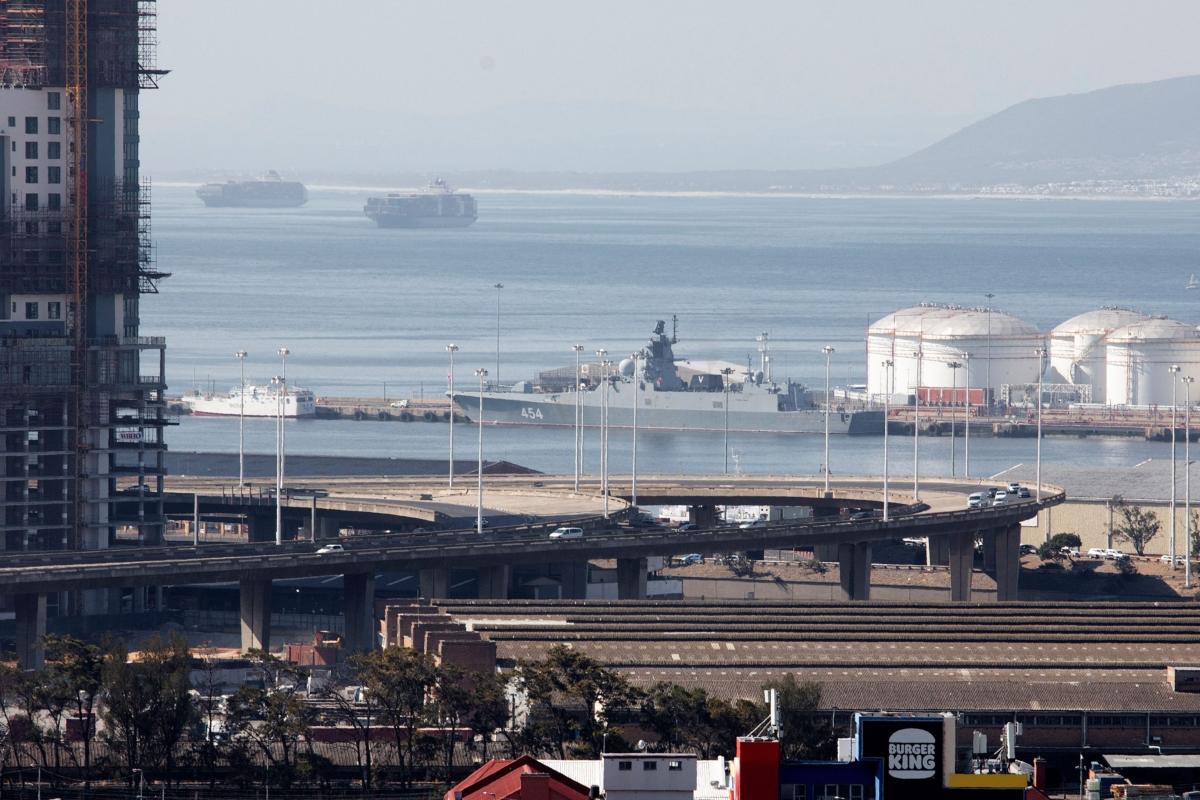 A general view of Russian military frigate 'Admiral Gorshkov' docked in the harbour of Cape Town on February 13, 2023 ahead of 10-day joint maritime drills being staged alongside South Africa and China. (AFP via Getty Images)