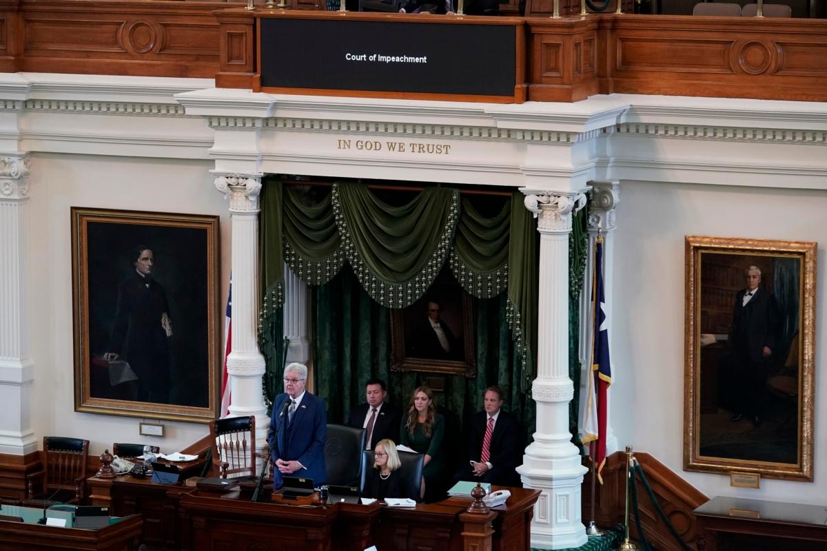 Texas Lt. Gov. Dan Patrick presides over the impeachment trial for Texas Attorney General Ken Paxton in the Senate Chamber at the Texas Capitol in Austin, Texas, on Sept. 5, 2023. (Eric Gay/AP Photo)