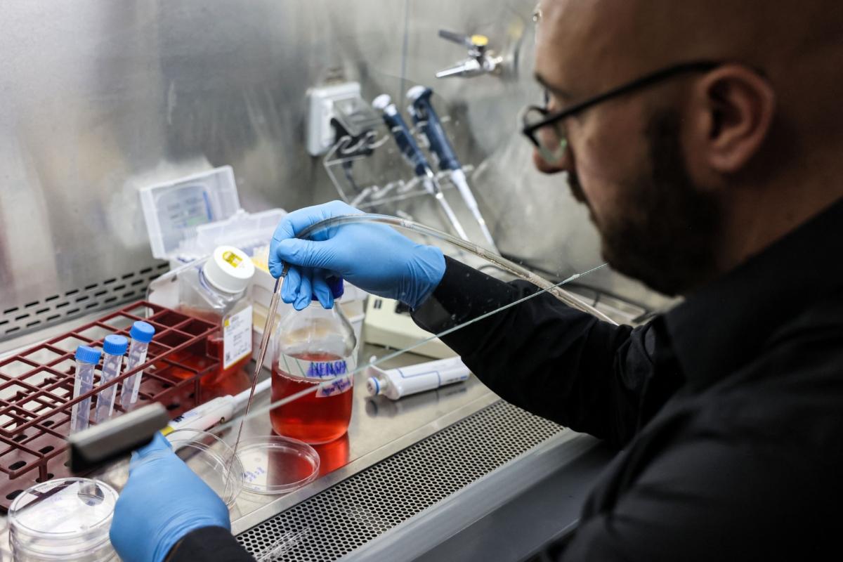 Dr. Jacob Hanna, a specialist in molecular genetics at Israel's Weizmann Institute of Science, injects a solution used for cell and tissue dissociation into a tray in a lab in the Israeli central city of Rehovot on Aug. 4, 2022. (Ahmad Gharabli/AFP via Getty Images)