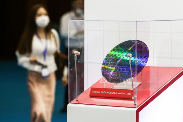 A chip by Taiwan Semiconductor Manufacturing Company (TSMC) is seen at the 2020 World Semiconductor Conference in Nanjing in China's eastern Jiangsu province on August 26, 2020. (Photo by STR / AFP) / China OUT (Photo by STR/AFP via Getty Images)