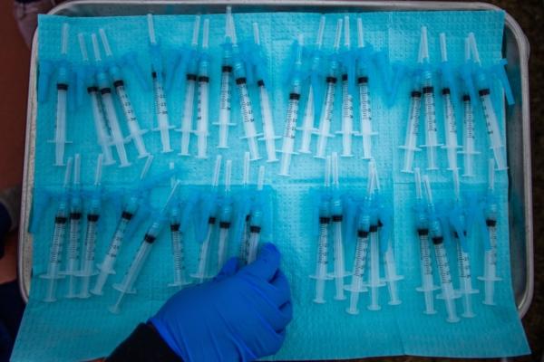 Syringes of Moderna COVID-19 vaccines at a vaccination site in Los Angeles on Feb. 16, 2021. (Apu Gomes/AFP via Getty Images)