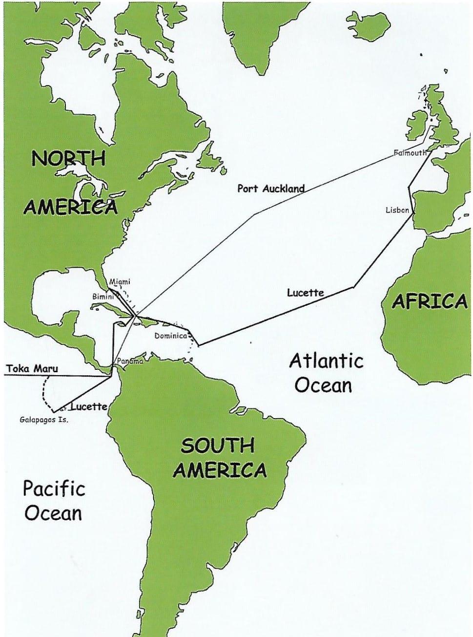 道格拉斯·羅伯遜（Douglas Robertson）的「Lucette的最後一次航行」中的整個航行地圖。（由羅伯遜家族檔案館提供）