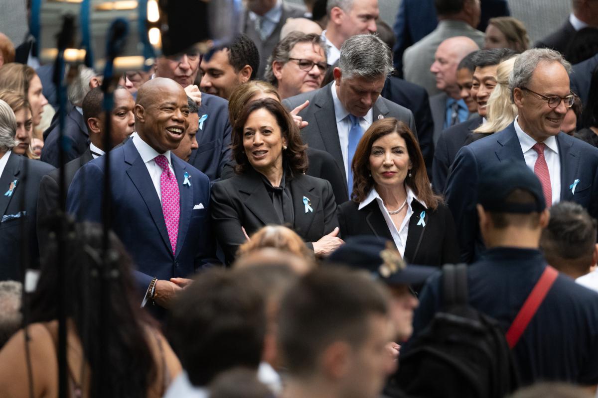(L to R) New York City Mayor Eric Adams stands with Vice President Kamala Harris and New York Gov. Kathy Hochul as they attend services at the 9/11 Memorial and Museum at the Ground Zero site in lower Manhattan on the 22nd anniversary of the 9/11 attacks, on Sept. 11, 2023. (Spencer Platt/Getty Images)