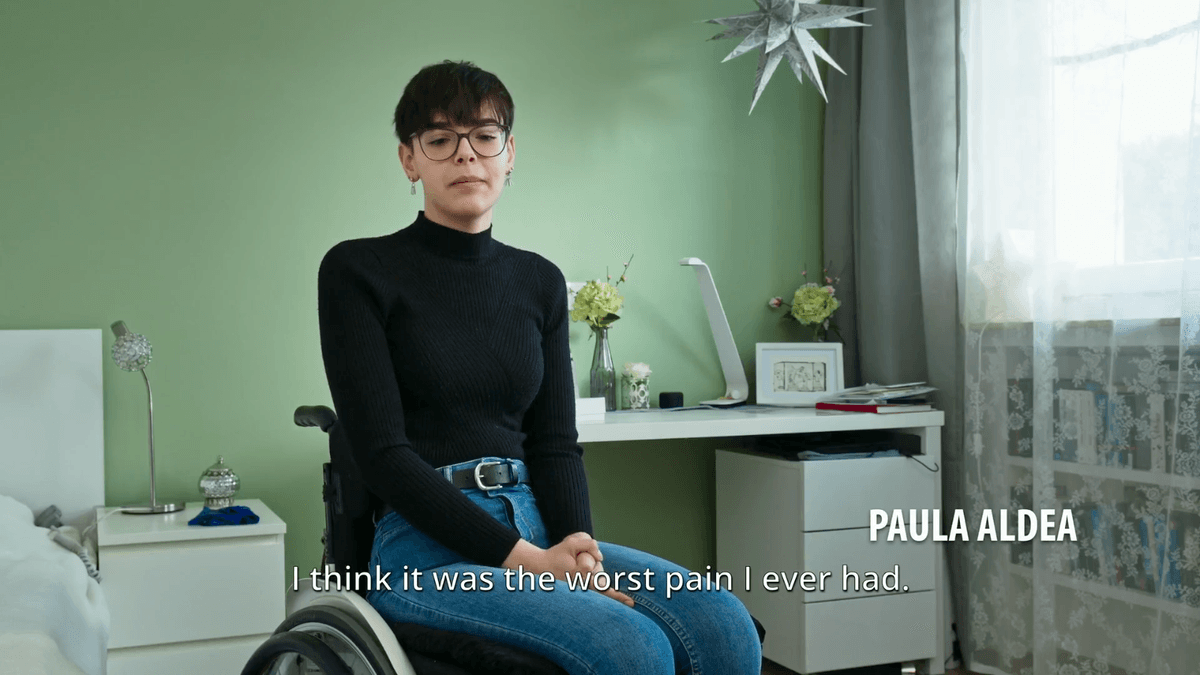 Paula Aldea, disabled after HPV vaccination, now relies on a wheelchair, as reported by The Epoch Times on Sept. 23, 2022. (The Epoch Times "Under the Skin" documentary)