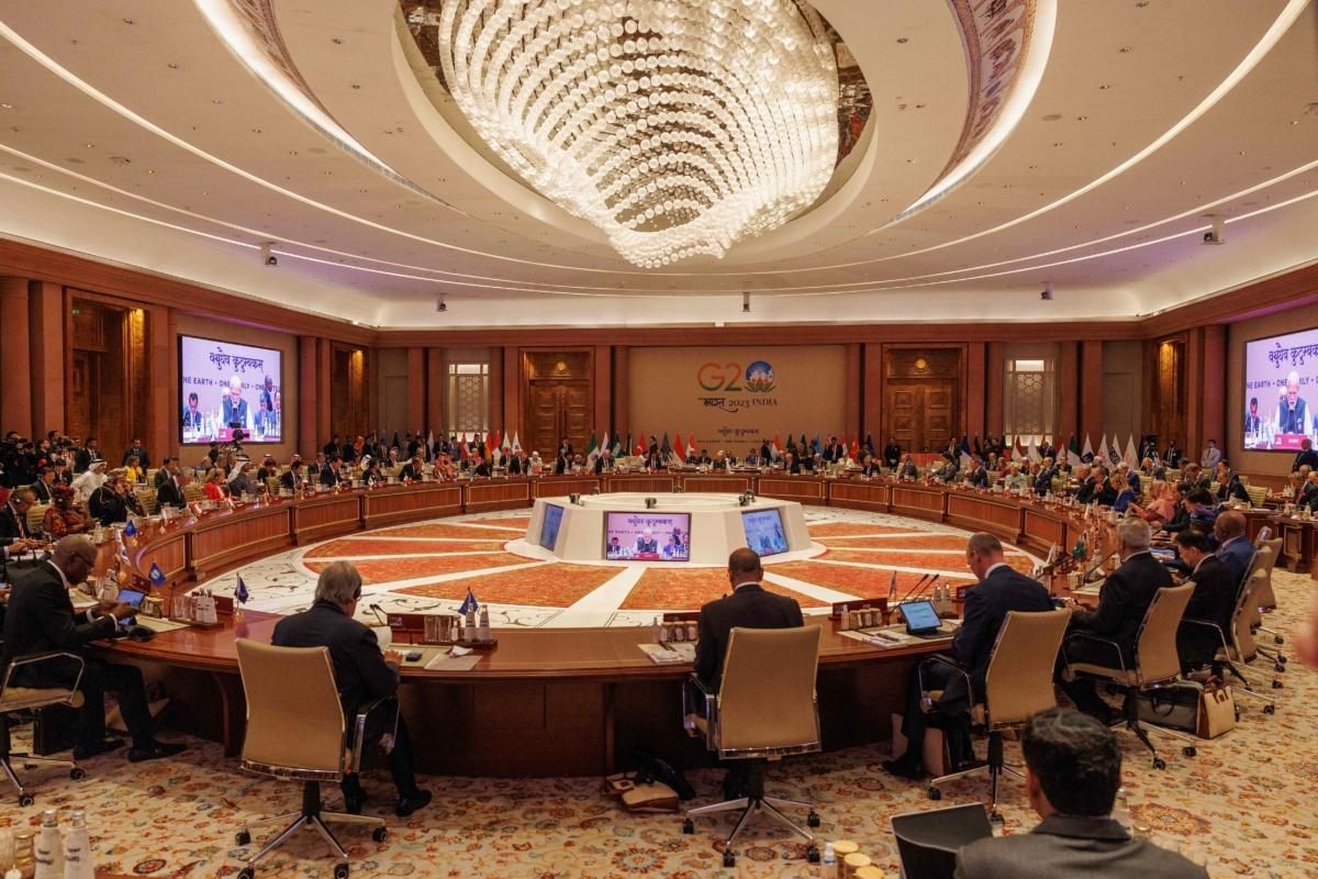 Prime Minister Narendra Modi of India welcomes leaders during the opening session of the G20 Leaders' Summit in New Delhi on Sept. 9, 2023. (Dan Kitwood/Getty Images)