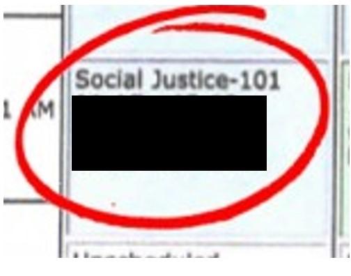 Religion-12 class shows as "Social Justice 101" on a student's class schedule (Screenshot - Anna Fletcher).