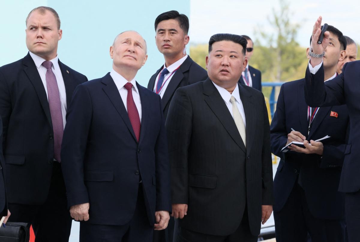 Russia's President Vladimir Putin (center L) and North Korea's leader Kim Jong Un (center R) visit the Vostochny Cosmodrome in Amur region on Sept. 13, 2023. (Mikhail Metzel/POOL/AFP via Getty Images)