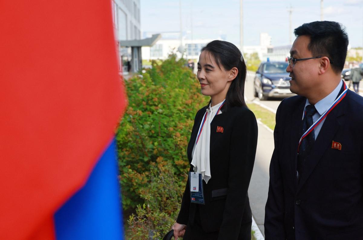 Kim Yo Jong (L), sister of North Korea's leader Kim Jong Un, arrives at the Vostochny Cosmodrome in Amur region on Sept. 13, 2023. (Vladimir Smirnov/POOL/AFP via Getty Images)