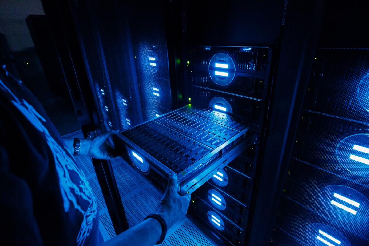 A supercomputer at the German Climate Computing Center (DKRZ) in Hamburg, Germany, on June 7, 2017. The DKRZ provides high performance computing and associated services for climate research institutes in the country. (Morris MacMatzen/Getty Images)