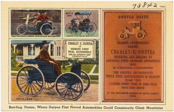 Reading, PA, "where Duryea first proved automobiles could consistently climb mountains." (Public Domain)