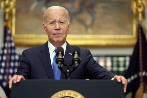 President Joe Biden delivers remarks on the contract negotiations between the United Auto Workers and auto companies in the Roosevelt Room at the White House on Sept. 15, 2023. (Kevin Dietsch/Getty Images)