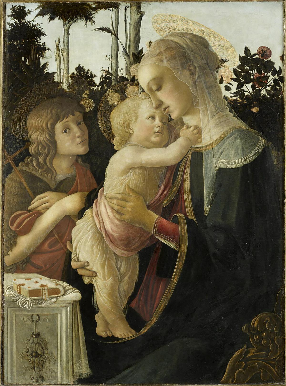 “The Virgin and Child with the Young Saint John the Baptist (‘Madonna of the Rose Garden’),” circa 1468, by Sandro Botticelli. Tempera and gold on poplar panel: 35 3/4 inches by 26 3/8 inches. The Louvre, Paris. (Courtesy of Legion of Honor)