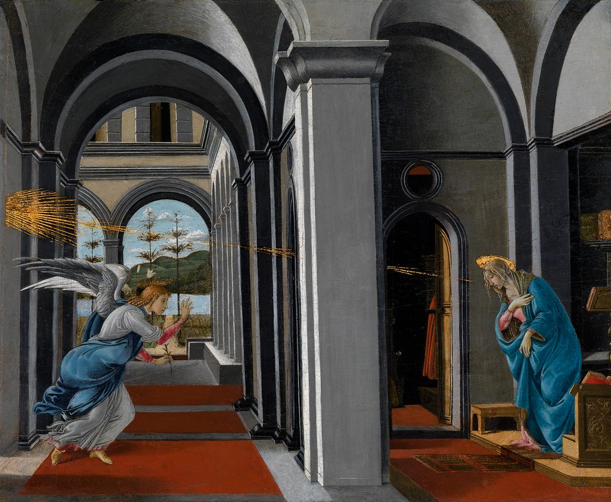 “The Annunciation,” circa 1490–1495, by Sandro Botticelli. Oil, tempera, gold lead on walnut panel; 19 ½ inches by 24 3/8 inches. Glasgow Museums, Scotland. (Courtesy of Legion of Honor)