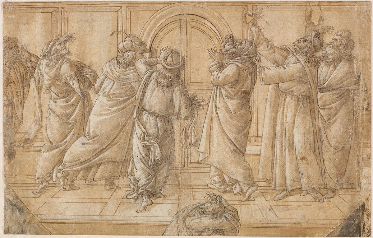 "The Devout Jews at Pentecost," circa 1505, by Sandro Botticelli. Black chalk, pen and brown ink, brown wash, highlighted with white gouache on paper; 9 1/8 inches by 14 3/8 inches. Hessisches Landesmuseum Darmstadt, Germany. (Courtesy of Legion of Honor)