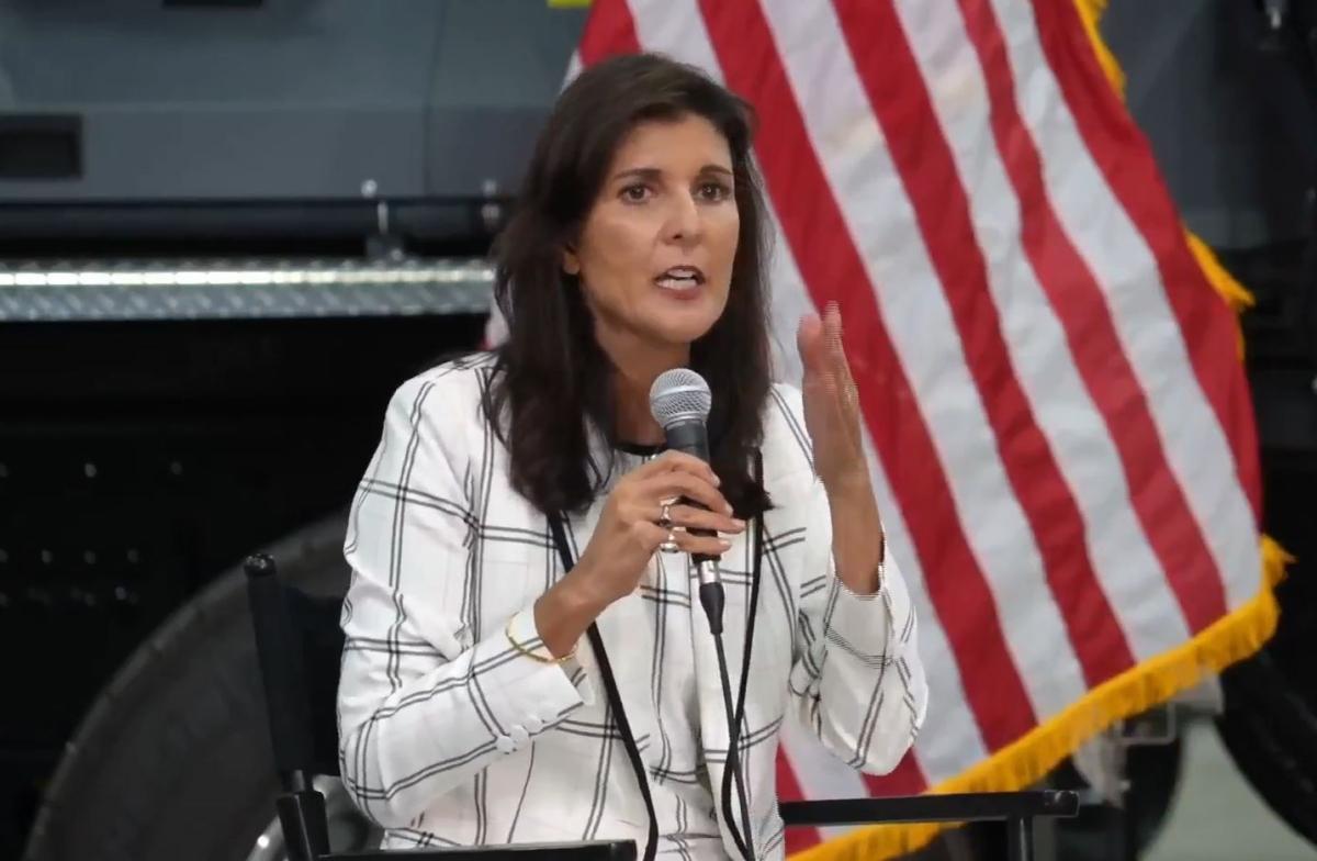 GOP presidential candidate Nikki Haley addresses voters at manufacturer Cemen Tech in Des Moines, Iowa, on Sept. 16, 2023, in a still from video released by NTD.