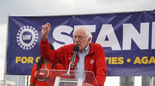 Democratic-Socialist Sen. Bernie Sanders fires up a rally of UAW strikers on in Detroit, Mich. on Sept. 15, 2023. (Steven Kovac/The Epoch Times)