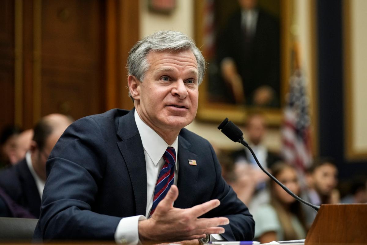 FBI Director Christopher Wray testifies during a House Judiciary Committee hearing about oversight of the FBI in Washington on July 12, 2023. (Drew Angerer/Getty Images)