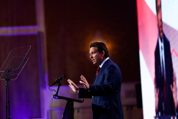 Republican presidential candidate Florida Gov. Ron DeSantis speaks at the Pray Vote Stand Summit at the Omni Shoreham Hotel in Washington on Sept. 15, 2023. (Anna Moneymaker/Getty Images)
