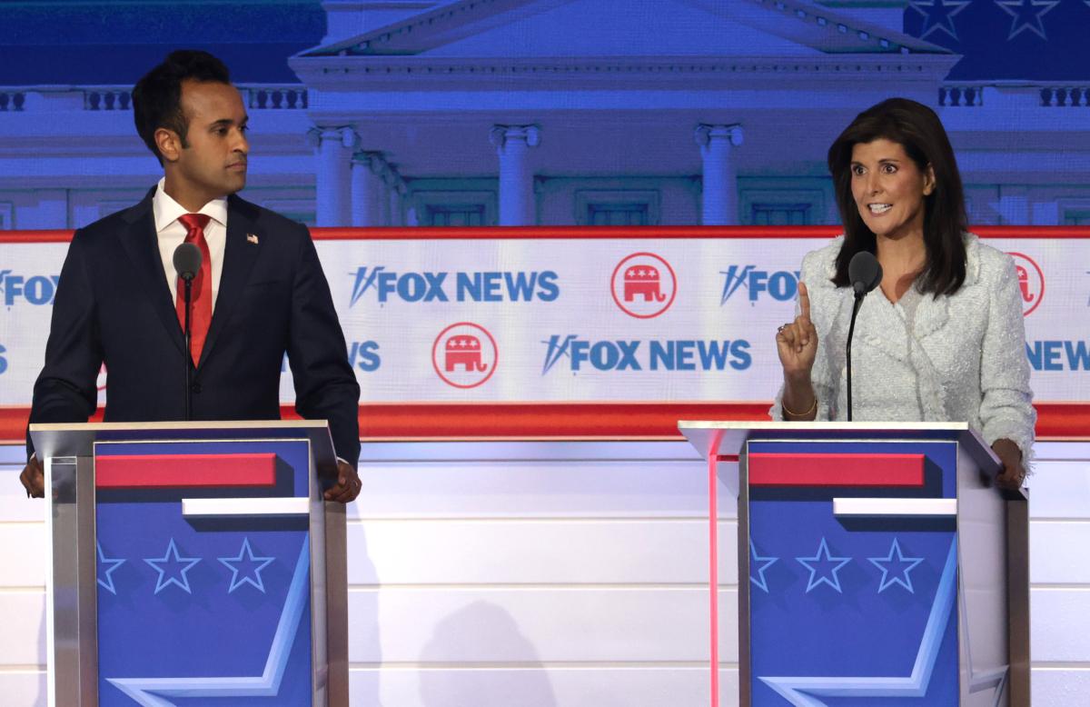 Republican presidential candidates Vivek Ramaswamy and former U.N. Ambassador Nikki Haley participate in the first debate of the GOP primary season hosted by FOX News at the Fiserv Forum in Milwaukee, Wis., on Aug. 23, 2023. (Win McNamee/Getty Images)