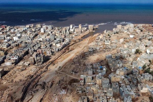 An aerial view shows the aftermath of deadly flash floods in Libya's eastern city of Derna on Sept. 18, 2023. (Mahmud Turkia/AFP via Getty Images)