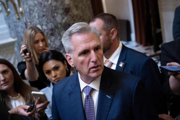 U.S. House Speaker Kevin McCarthy (R-Calif.) speaks to members of the media while walking through Statuary Hall at the US Capitol in Washington, DC, on Sept.18, 2023. (Brendan Smialowski/AFP via Getty Images)