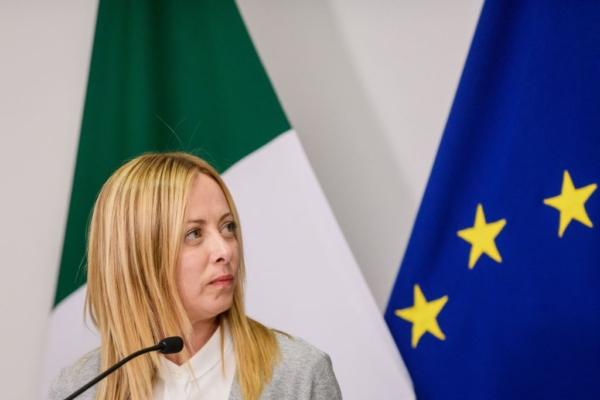 Italian Prime Minister Giorgia Meloni addresses a press conference with her Latvian counterpart during their meeting in Riga on July 10, 2023. (Gints Ivuskans/AFP via Getty Images)