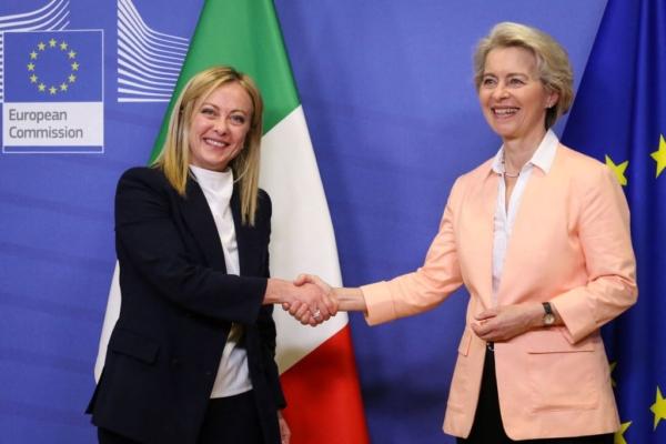 Italian Prime Minister Giorgia Meloni (L) shakes hands with President of the European Commission Ursula von der Leyen during a meeting at the European Commission headquarter in Brussels, on Nov. 3, 2022. (Valeria Mongelli/AFP via Getty Images)