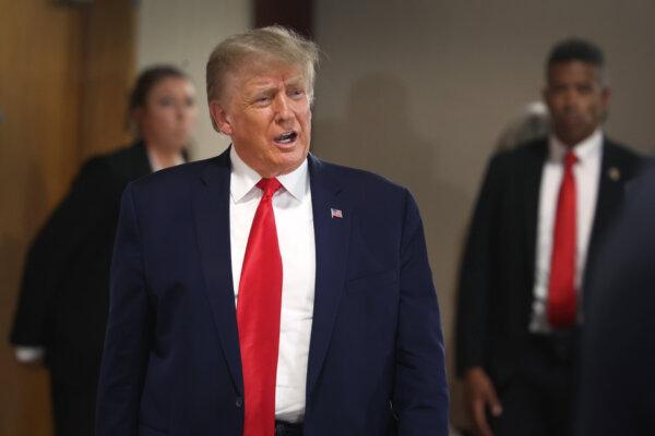 2024 Republican presidential candidate and former U.S. President Donald Trump arrives for a "Commit To Caucus" rally at the Jackson County Fairgrounds in Maquoketa, Iowa on Sept. 20, 2023. (Scott Olson/Getty Images)