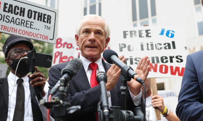 Peter Navarro, an advisor to former U.S. President Donald Trump, speaks to reporters after being convicted of contempt of Congress at the E. Barrett Prettyman Courthouse in Washington on Sept. 7, 2023. (Kevin Dietsch/Getty Images)
