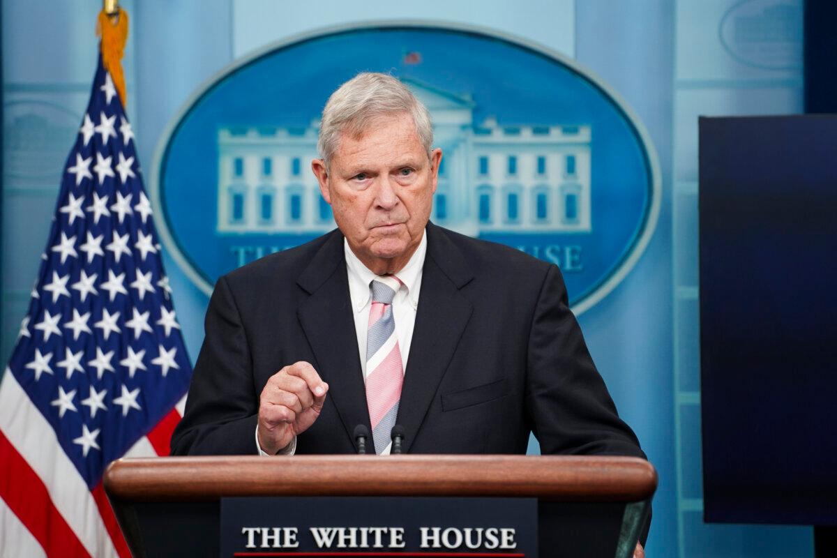 Secretary of Agriculture Tom Vilsack speaks during the daily press briefing at the White House in Washington on Sept. 25, 2023. (Madalina Vasiliu/The Epoch Times)