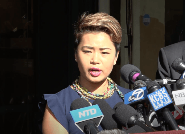 Jennifer Tran, president of the Oakland Vietnamese Chamber of Commerce, speaks at a conference where local business owners protest the rise of crime in Oakland, Calif., on Sept. 26, 2023. (NTD/Screenshot via The Epoch Times)