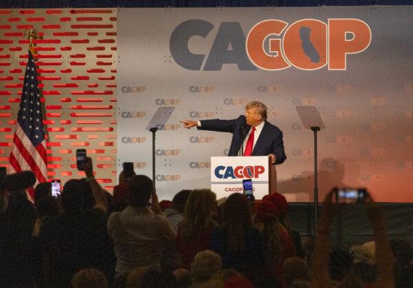 Former president and front-running 2024 presidential candidate Donald Trump speaks at the CA GOP convention in Anaheim, Calif., on Sept. 29, 2023. (John Fredricks/The Epoch Times)