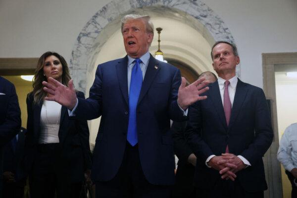 Former President Donald Trump speaks to the media as he arrives at New York State Supreme Court in New York City on Oct. 2, 2023. (Spencer Platt/Getty Images)