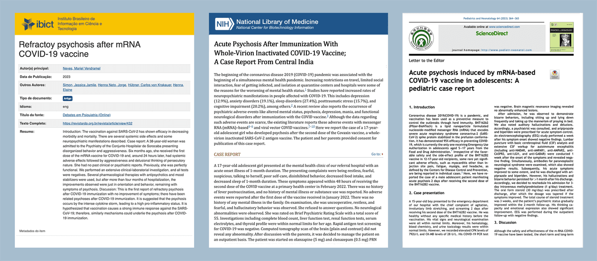 Screenshots of reports on psychotic adverse events in a Brazilian woman (L), an Indian girl (C), and a Taiwanese boy. (Screenshots via The Epoch Times)