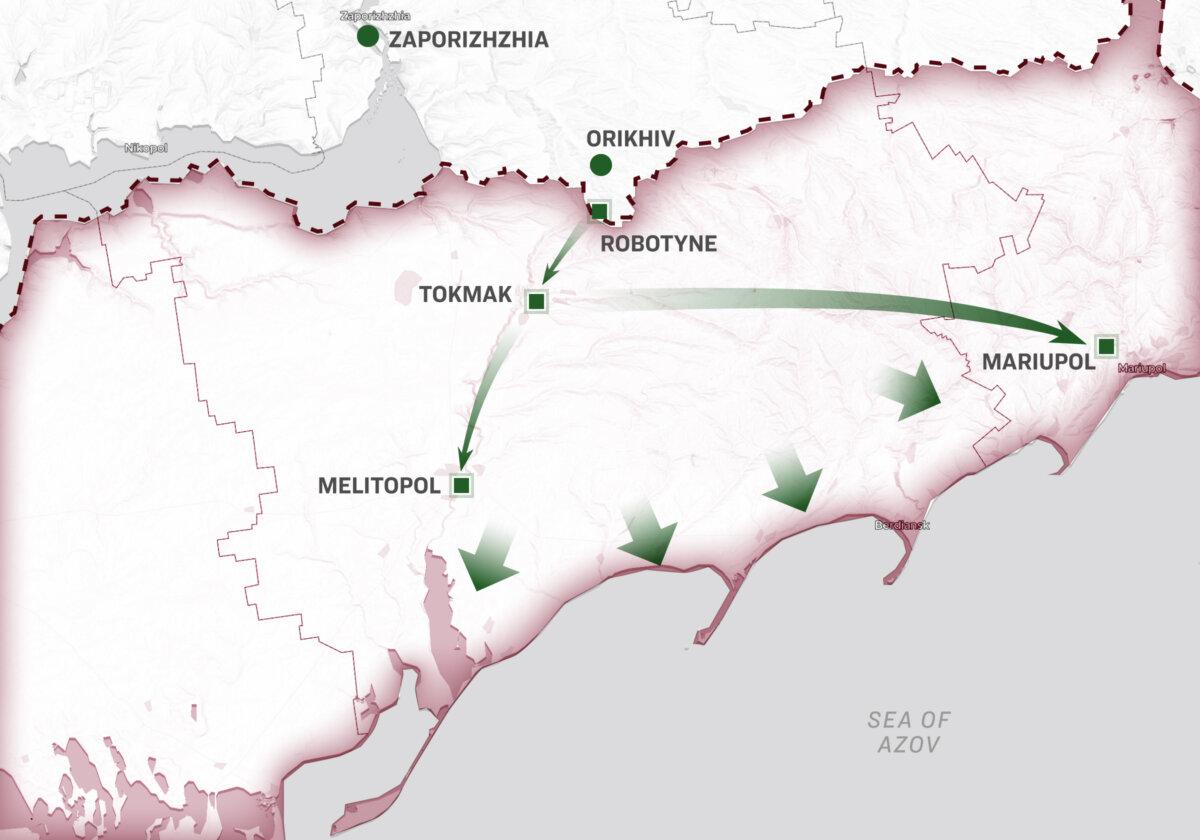 An illustration shows that if Ukrainian forces can push from Robotyne into Tokmak, they could continue to push southward towards the Sea of Azov, possibly taking either of the Russian-occupied cities Mariupol or Melitopol. (Illustration by The Epoch Times, Shutterstock)