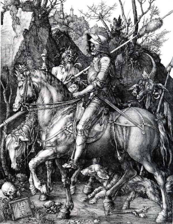 "Knight, Death, and the Devil," 1513, by Albrecht Dürer. Copper engraving; 9.7 inches by 3.9 inches. (Public Domain)