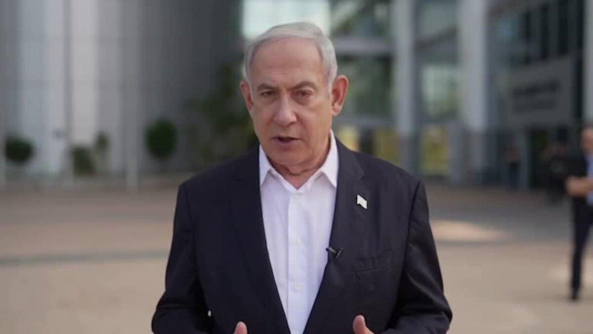 Israeli Prime Minister Benjamin Netanyahu speaks from Tel Aviv, Israel, on Oct. 7, 2023. (Israeli Ministry of Defence/Video keyframe via Reuters)
