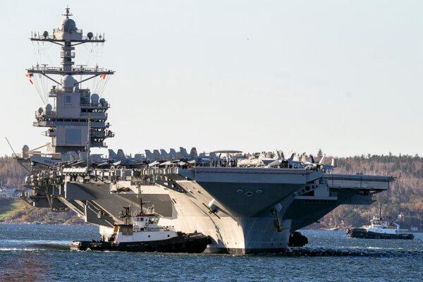 The USS Gerald R. Ford, one of the world's largest aircraft carriers, arrives in Halifax, Canada, on Oct. 28, 2022. (Andrew Vaughan/The Canadian Press via AP)