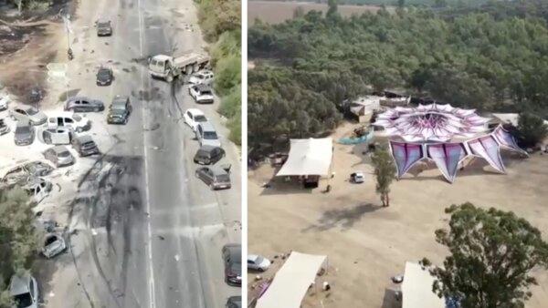 This combination of photos shows the drone view of the aftermath of a terrorist attack during a music festival near Re'im, Israel, on Oct. 7, 2023. (South First Responders/Telegram via Reuters)