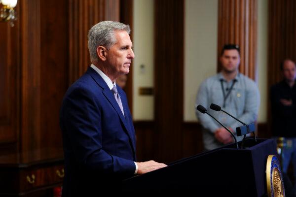 Rep. Kevin McCarthy (R-Calif.) speaks during a press briefing in the Rayburn Room of the U.S. Capitol in Washington on Oct. 9, 2023. (Madalina Vasiliu/The Epoch Times)