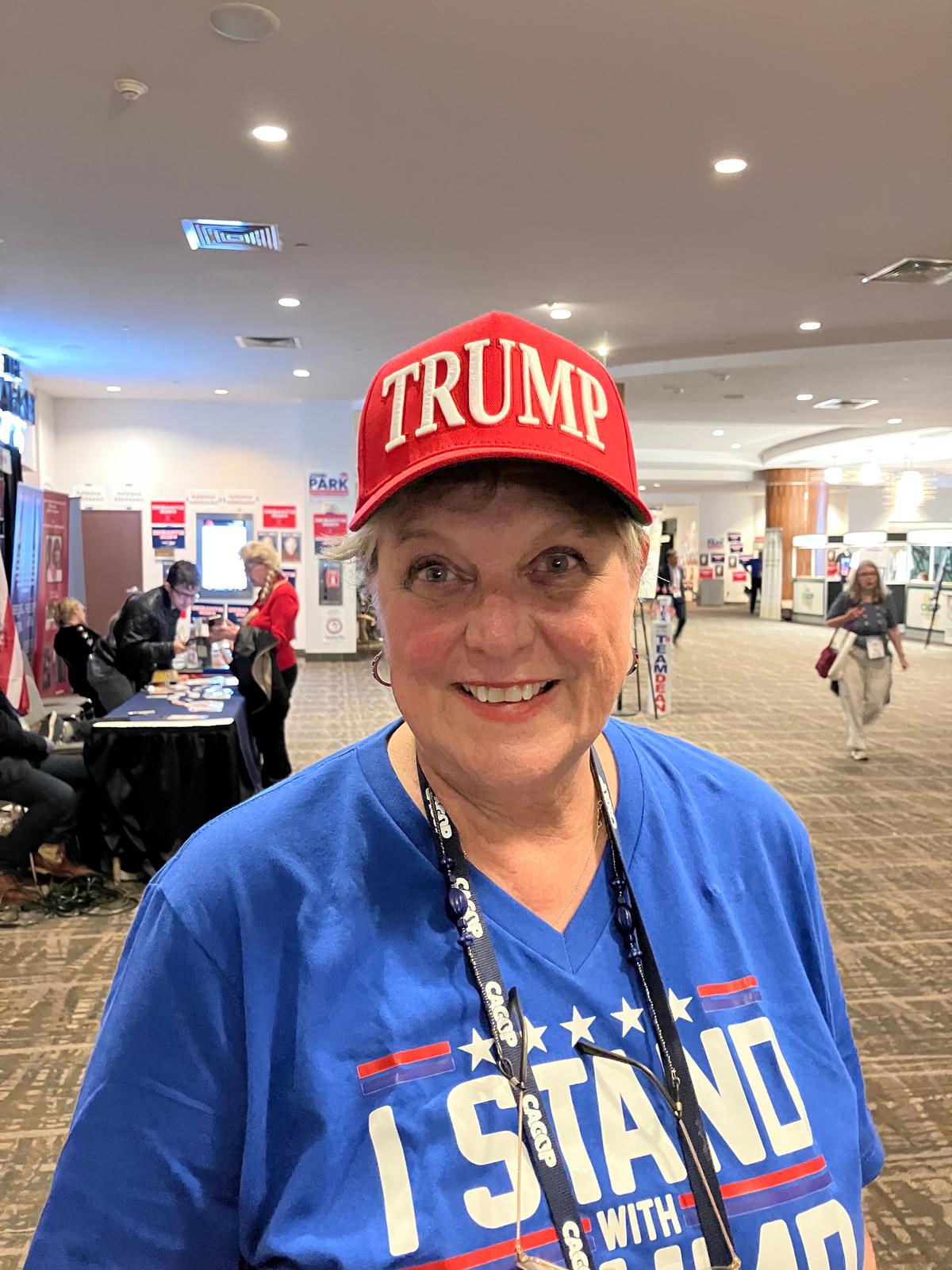 Deb Baber, a supporter of former president Donald Trump, is pictured at the California GOP Convention in Anaheim on Sept. 30, 2023, a day after the former president delivered a speech. (Janice Hisle/The Epoch Times)