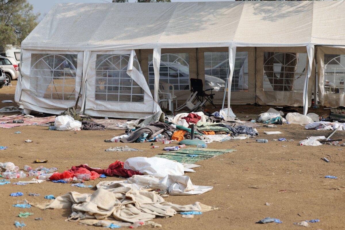 The abandoned site of the weekend attack of the Supernova desert music festival by Hamas terrorists near Kibbutz Reim in the Negev desert in southern Israel on Oct. 10, 2023. (Jack Guez/AFP via Getty Images)