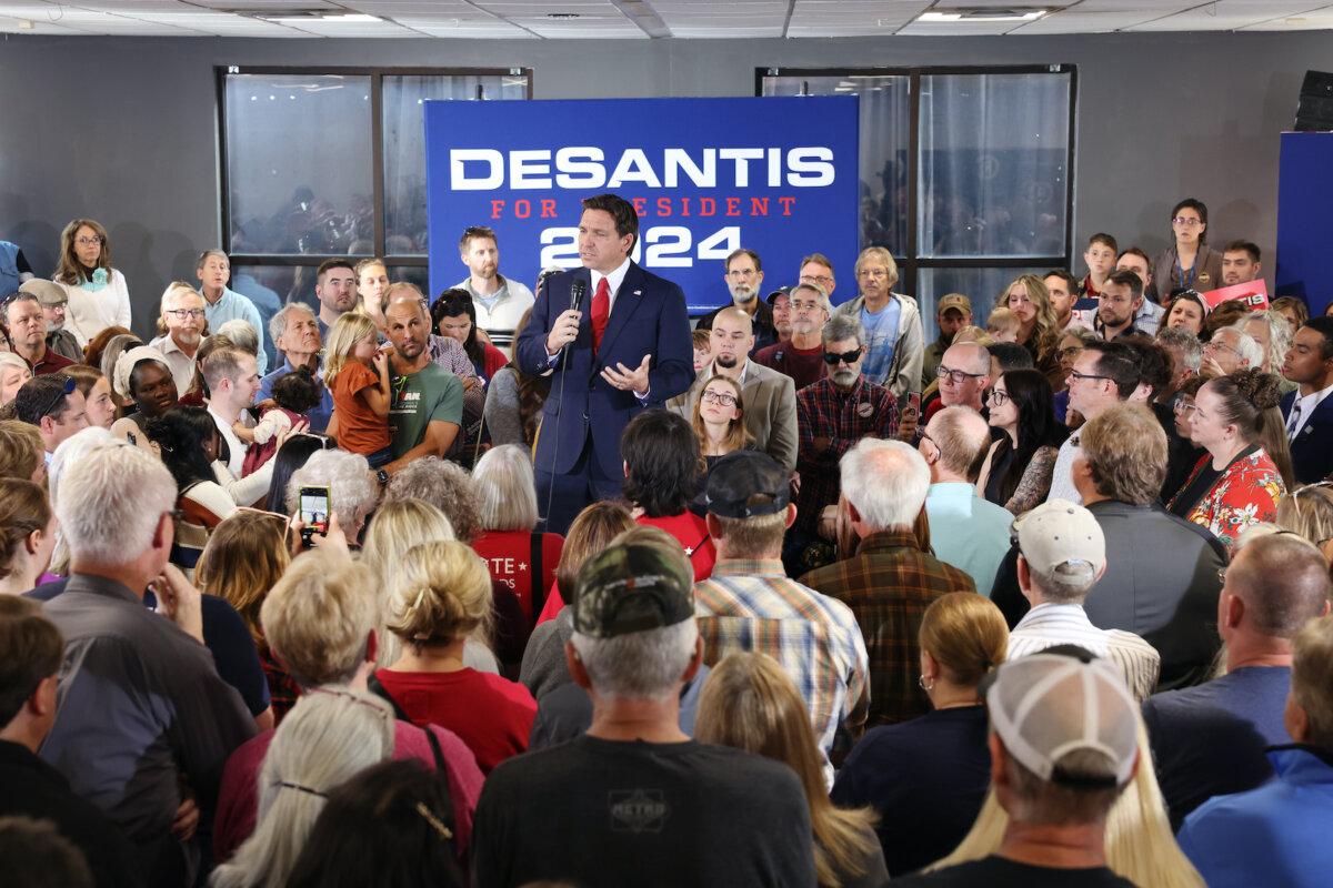 Republican presidential candidate Florida Governor Ron DeSantis speaks to guests during a campaign event at Refuge City Church in Cedar Rapids, Iowa on Oct. 8, 2023. (Scott Olson/Getty Images)